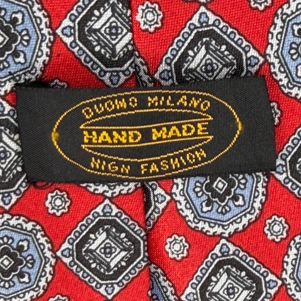 Duomo Milano Mens‎ Red Geometric Medallion Silk Tie Handmade Red Grey Black - Picture 4 of 5